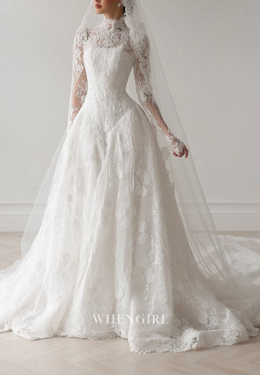 High Neck Lace Long Sleeve Wedding Dress