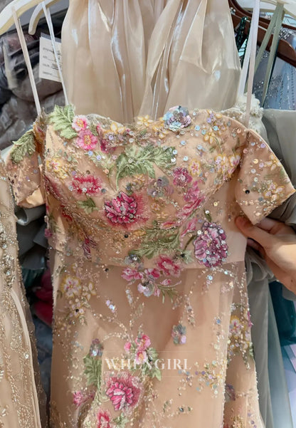 Off-The-Shoulder Embroidered Floral A-Line Gown