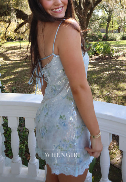 Floral Sequin Mini Dress with Square Neck & Low Back