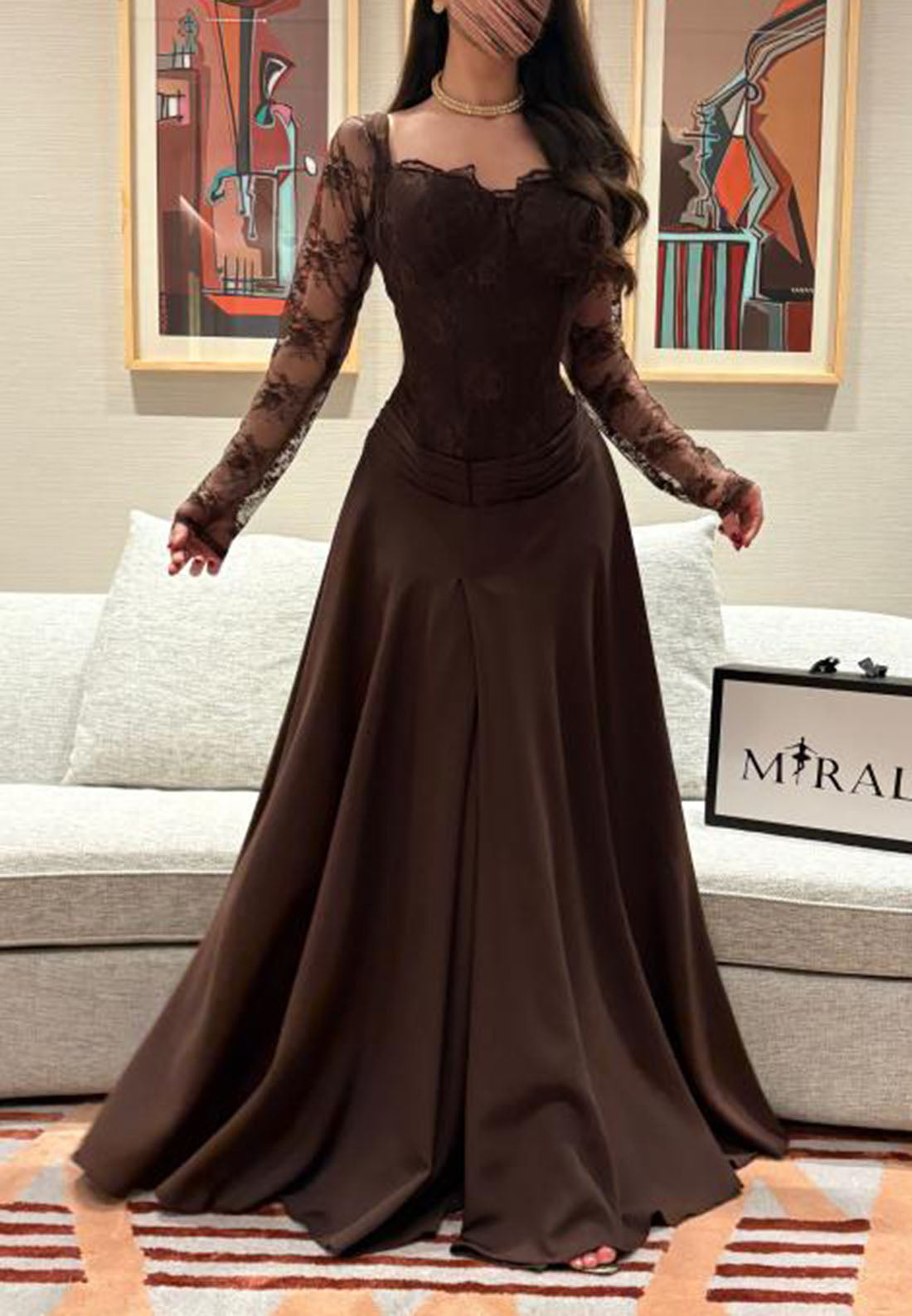 Lace Bodice Long Sleeve Floor-Length Evening Gown