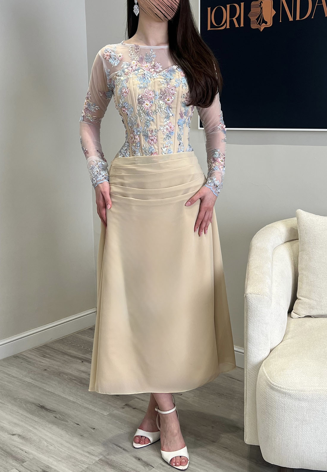 Embroidered Corset Bodice Tea-Length Dress