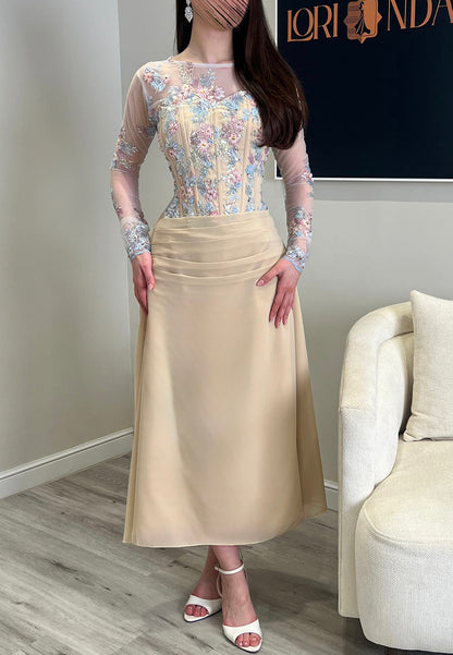 Embroidered Corset Bodice Tea-Length Dress