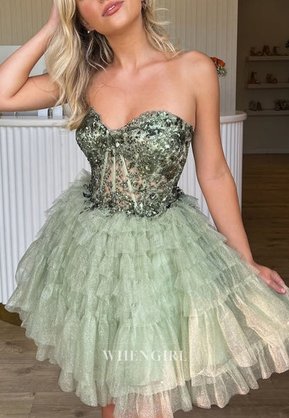 Strapless Sequin Bodice Tiered Tulle Homecoming Dress