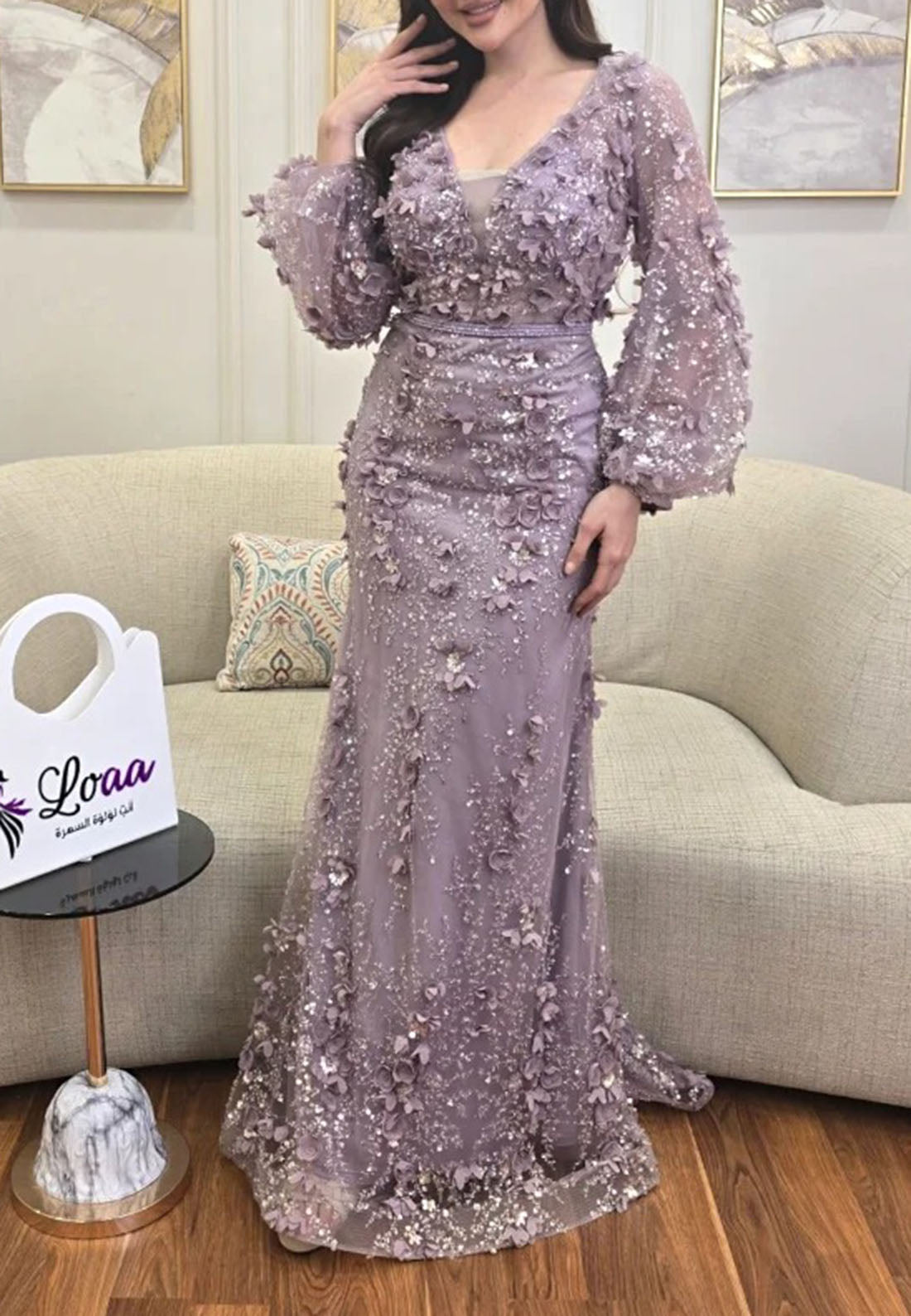 Sequin 3D Floral Long Sleeve Evening Gown