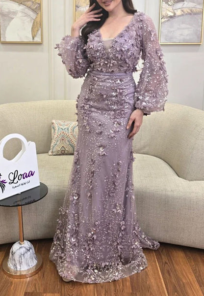 Sequin 3D Floral Long Sleeve Evening Gown