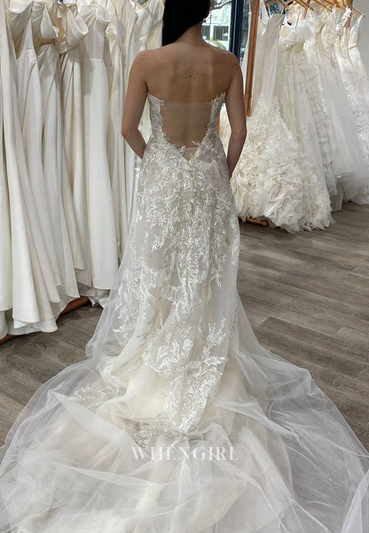 Strapless Lace Applique Tulle Wedding Dress