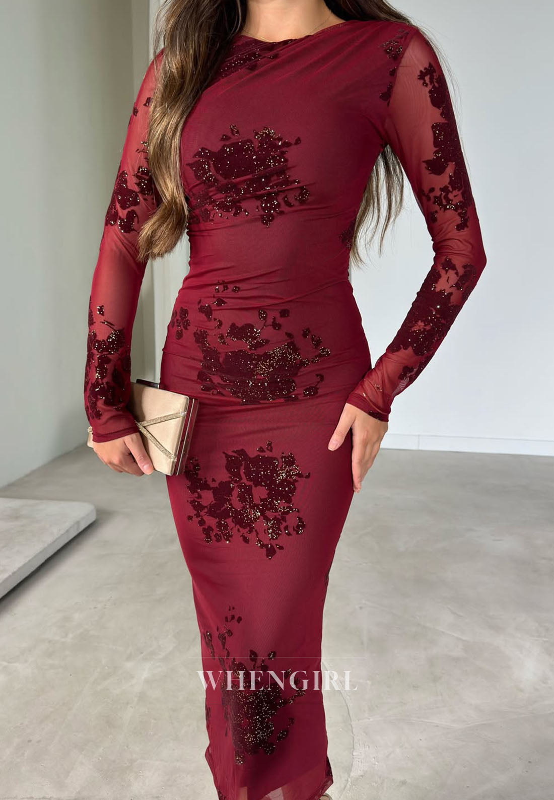 Glitter Floral Mesh Long Sleeve Column Maxi Dress