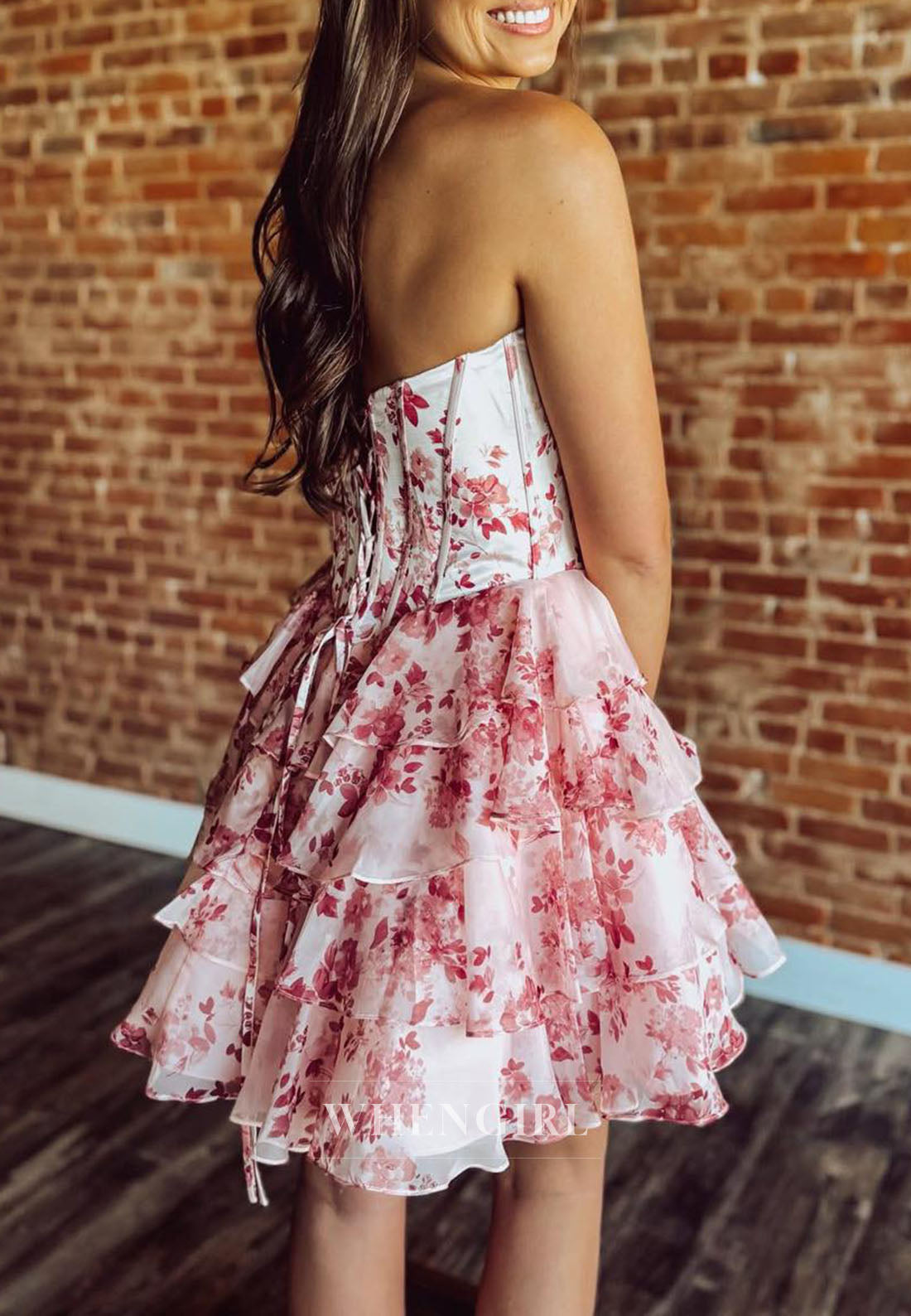 Floral Print Strapless Corset Tiered Mini Dress