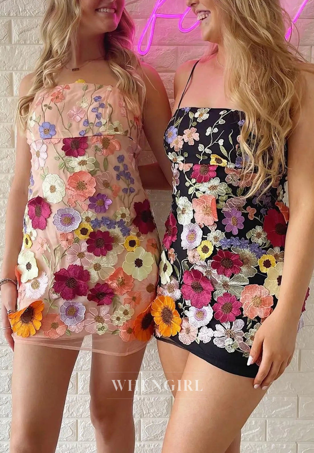 Embroidered Mesh Mini Dress with 3D Flowers