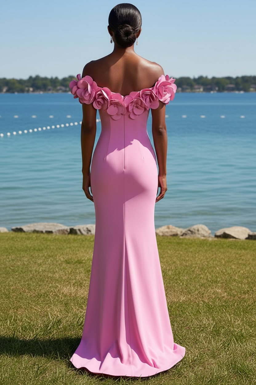 Off-the-Shoulder 3D Floral Applique Maxi Dress