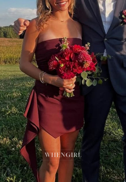 Strapless Ruched Bodycon Mini Dress with Side Draped Ruffle
