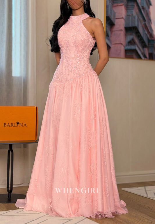 Halter Lace A-Line Gown with Asymmetrical Waist