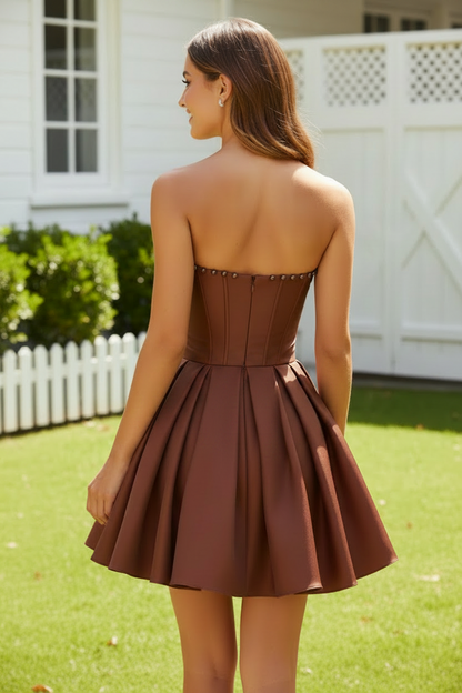 Strapless Pleated Satin Cocktail Dress with Bow