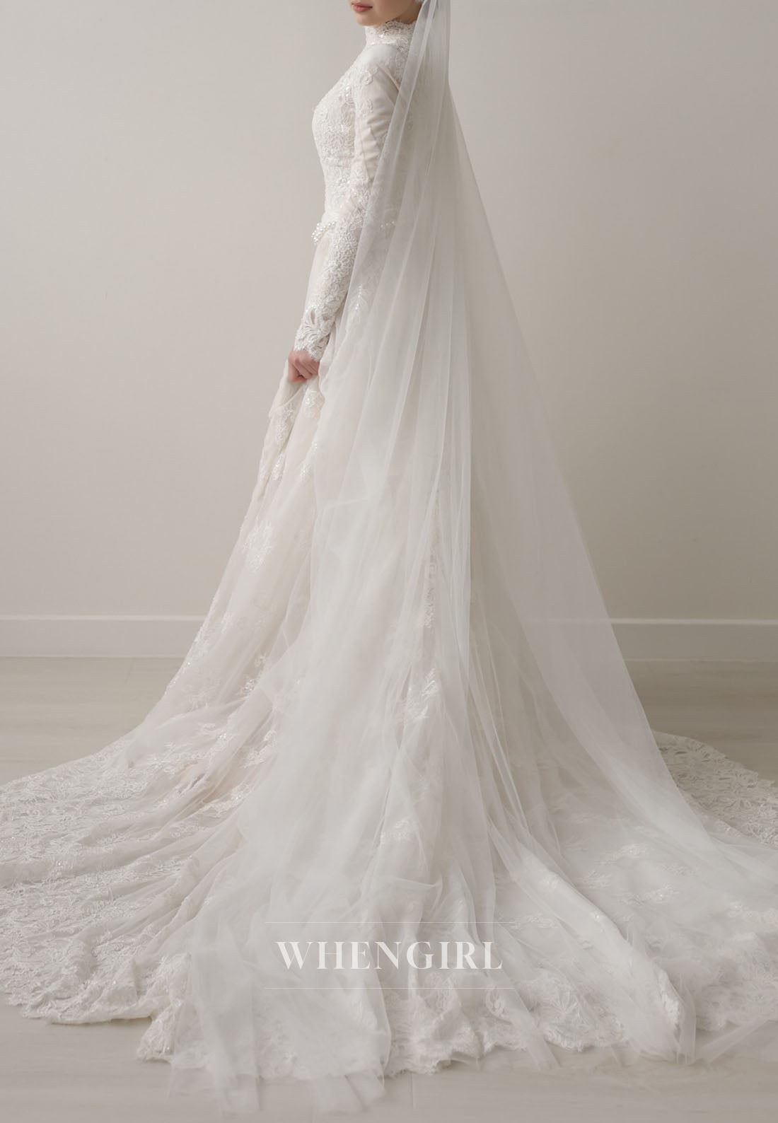 High Neck Lace Wedding Dress with Long Sleeves