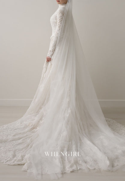 High Neck Lace Wedding Dress with Long Sleeves