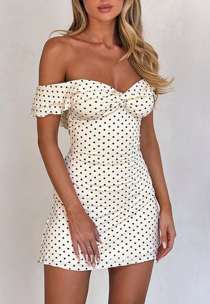 Off-the-Shoulder Polka Dot Ruched Mini Dress