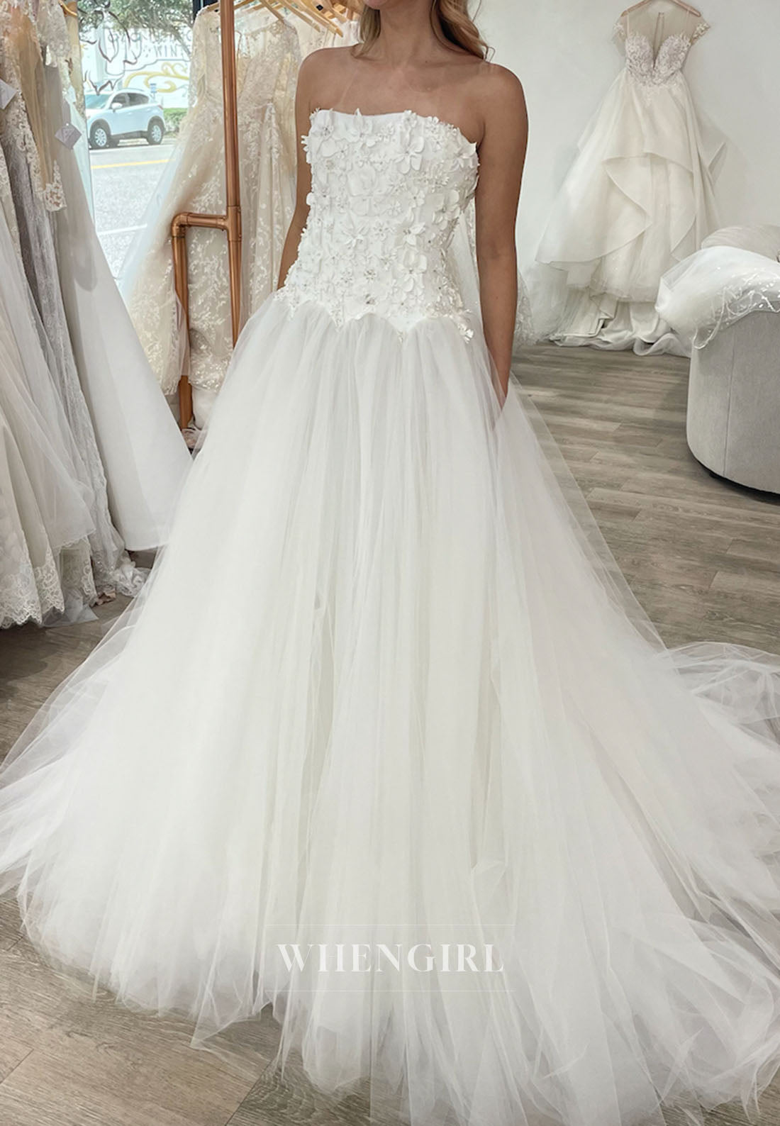 Strapless 3D Floral Bodice Tulle Wedding Ball Gown