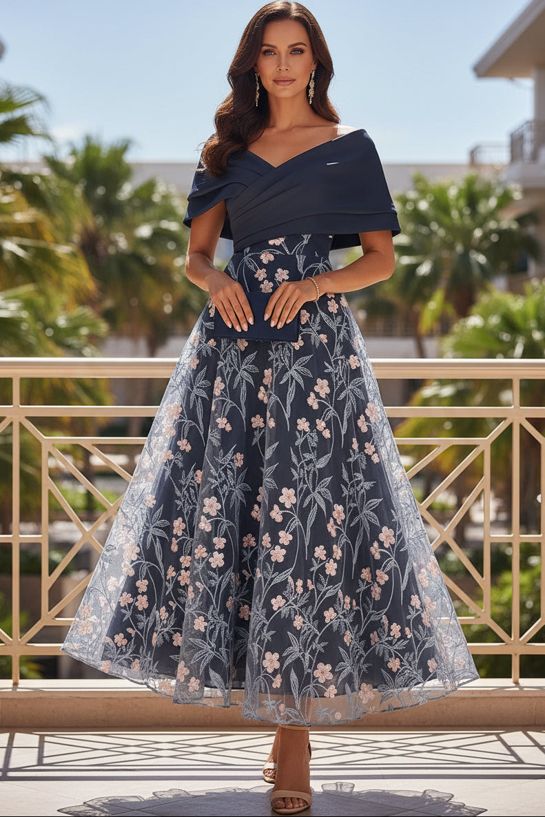 Off-the-Shoulder Embroidered A-Line Dress