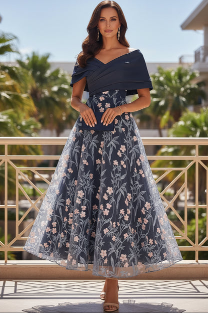 Off-the-Shoulder Embroidered A-Line Dress