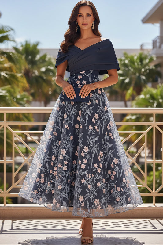 Off-the-Shoulder Embroidered A-Line Dress