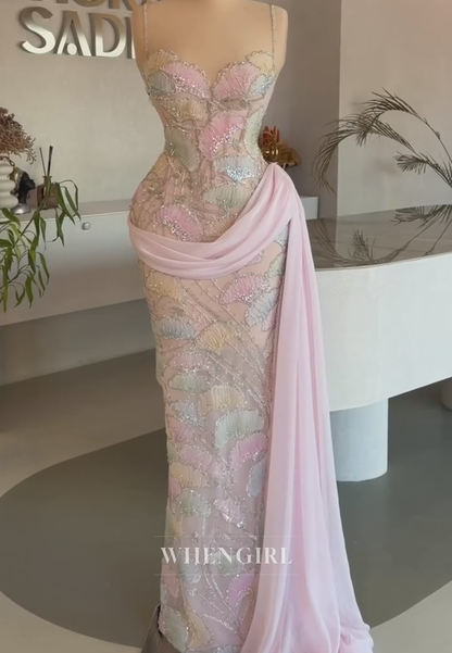 Embroidered Beaded Evening Gown with Side Drape