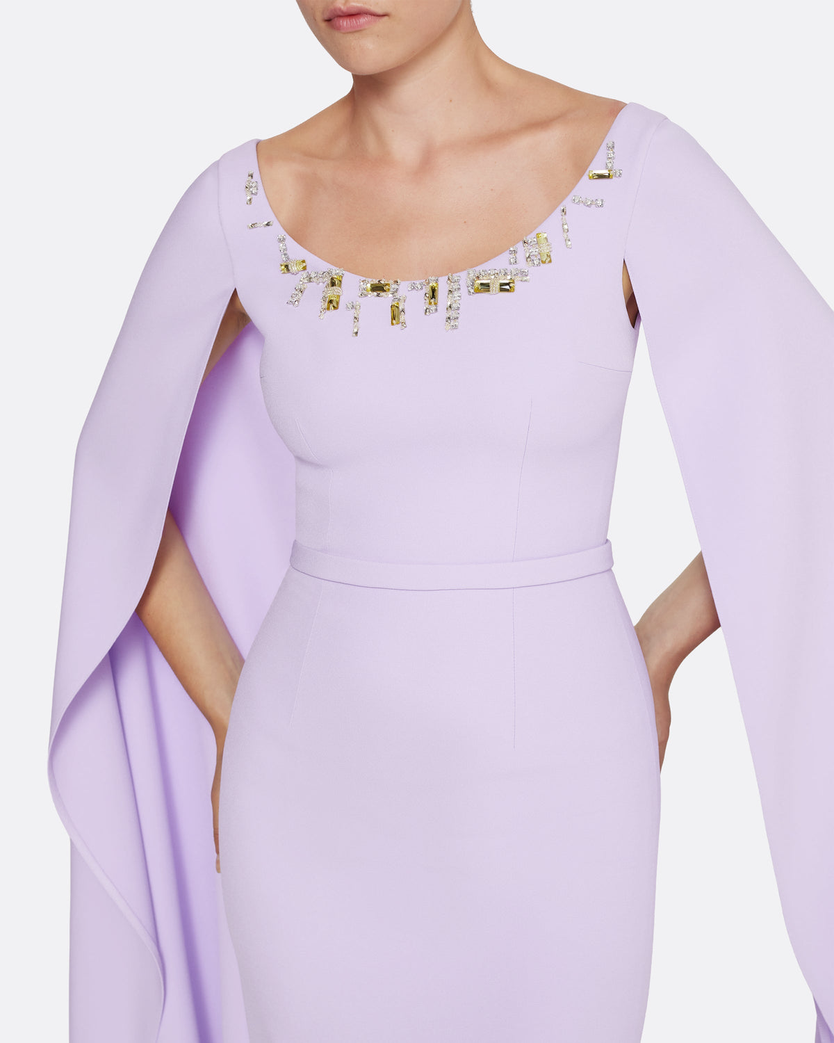 Cape Sleeve Evening Gown with Beaded Neckline