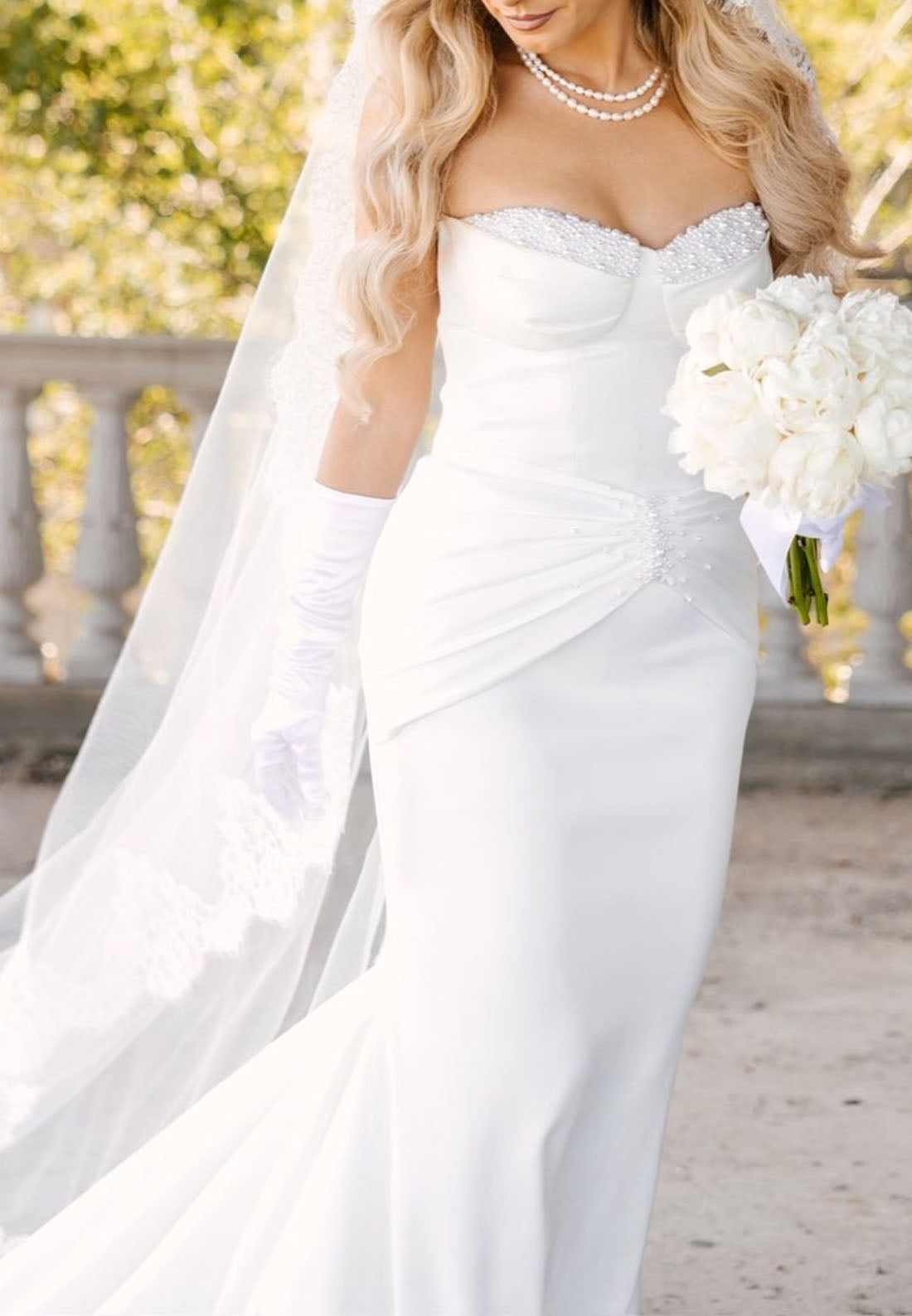 Strapless Ruched Mermaid Wedding Dress with Pearls