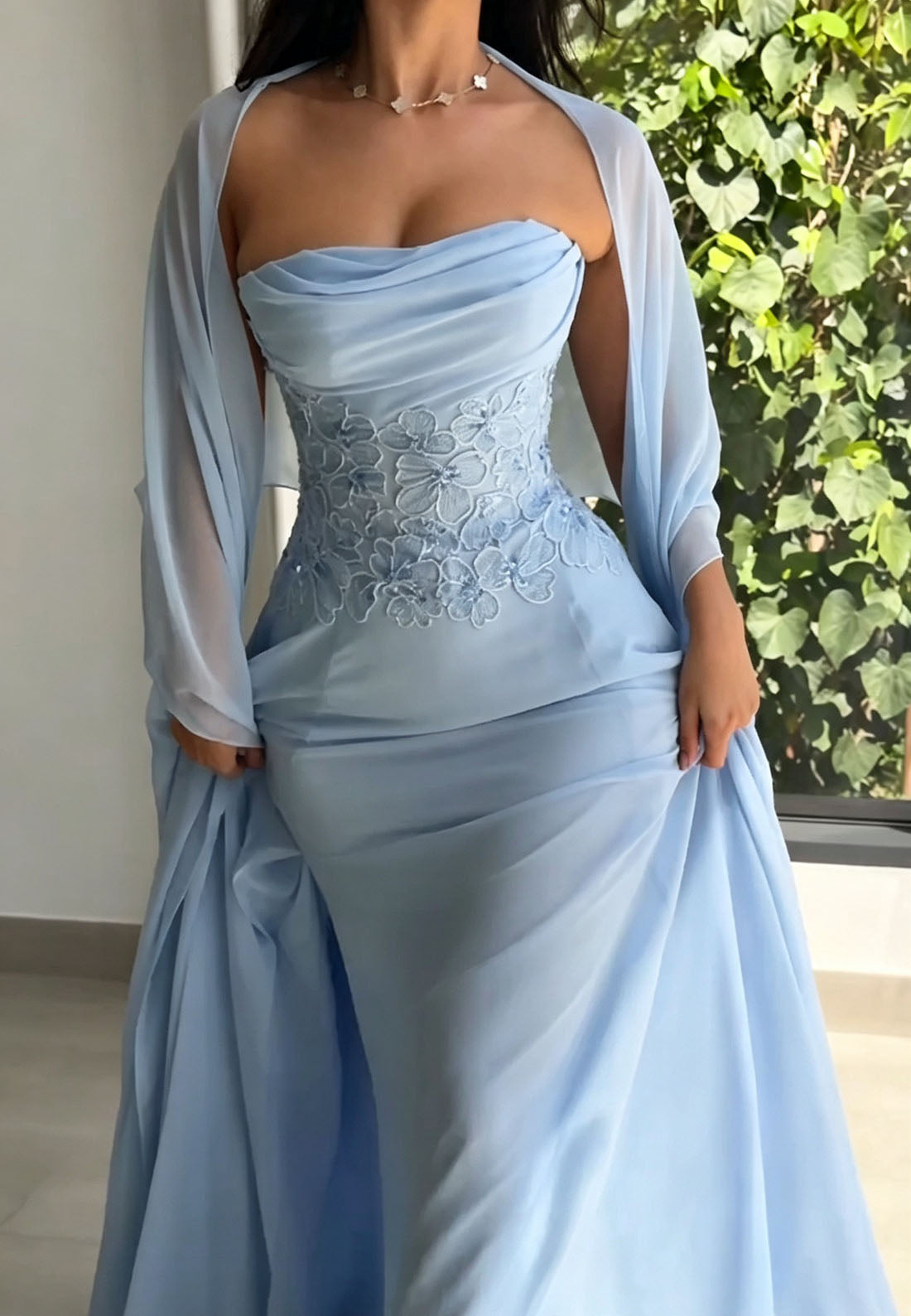 Strapless Floral Applique Gown with Shawl