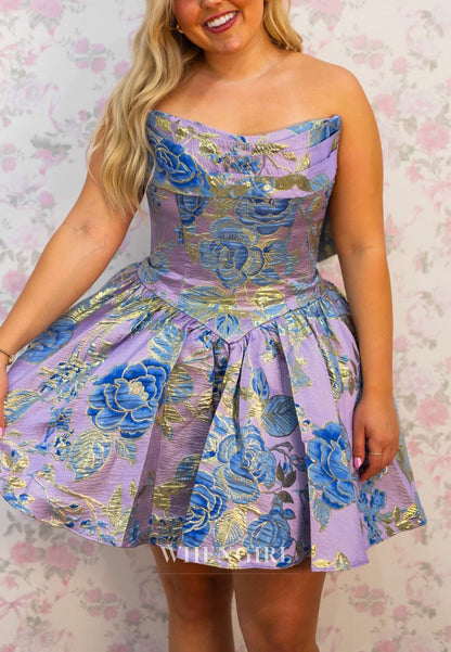 Strapless Jacquard Mini Dress with Back Bow