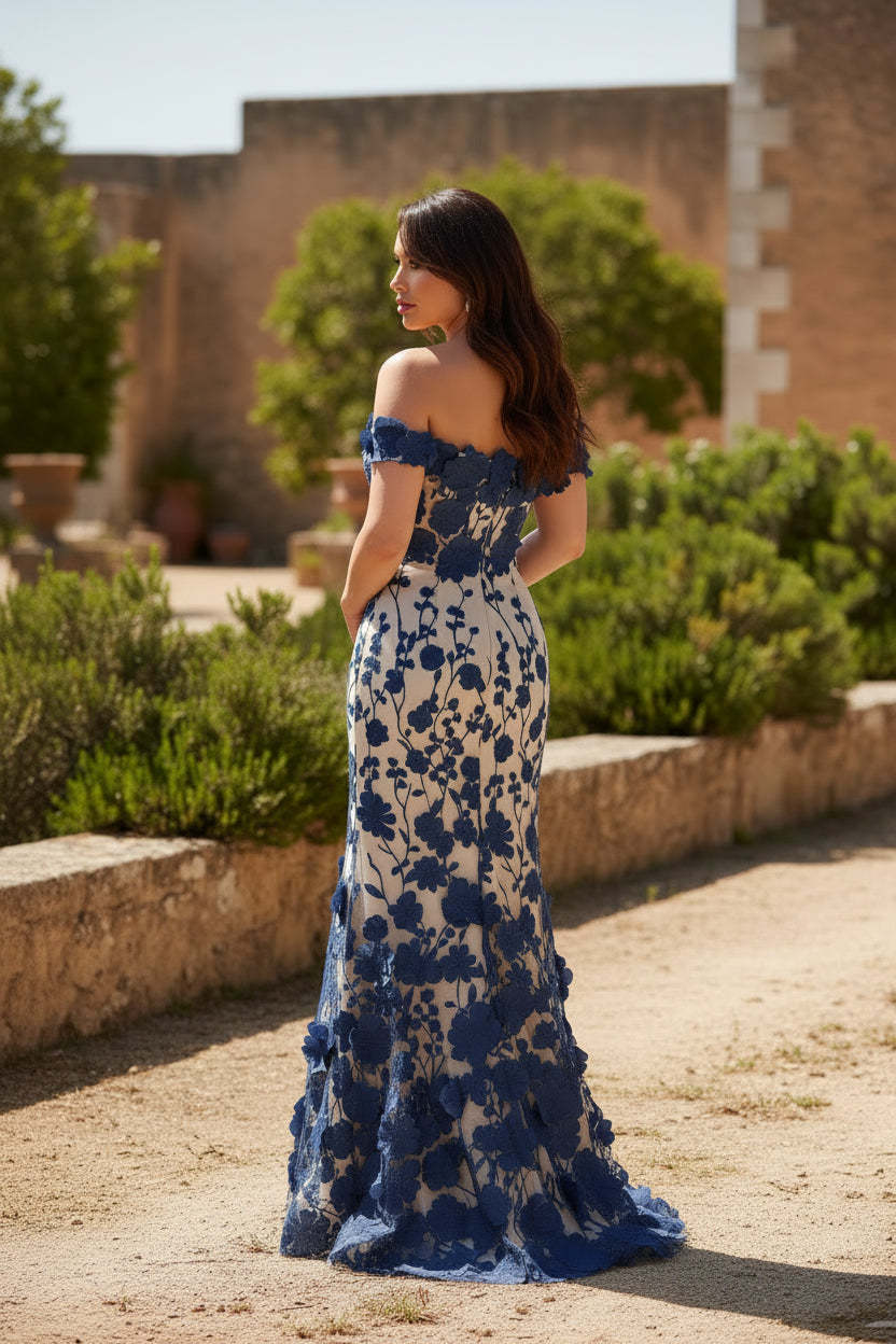 3D Floral Off-the-Shoulder Column Evening Gown