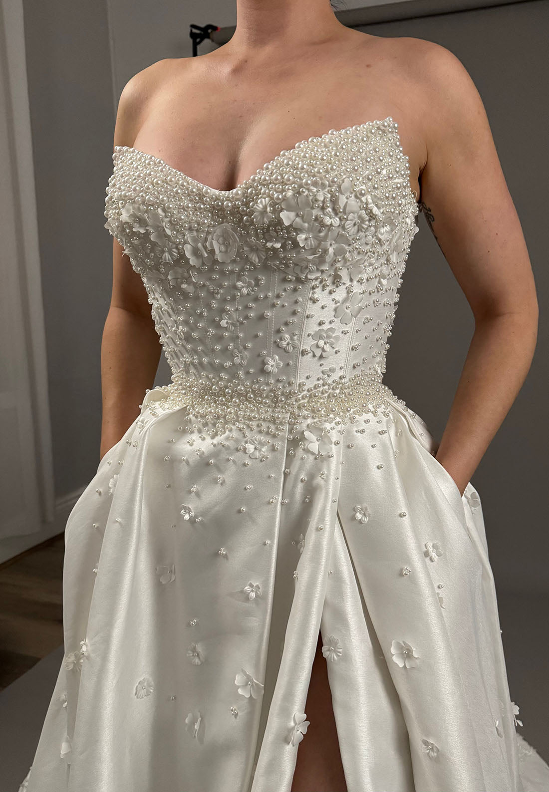 Strapless Pearl Beaded Wedding Dress with Slit