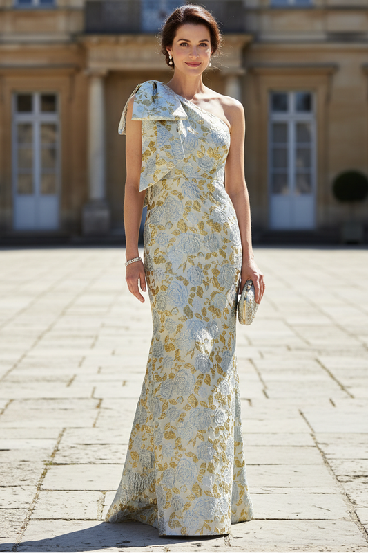 One-Shoulder Jacquard Trumpet Evening Gown