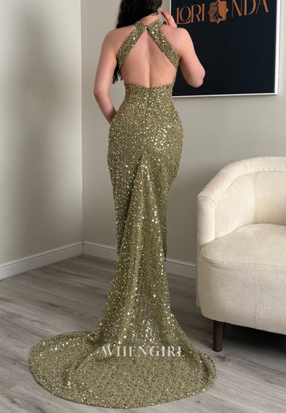 Halter Open Back Sequin Mermaid Gown with Train