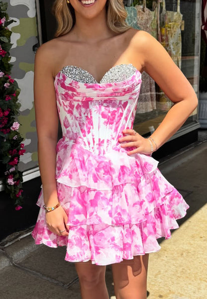 Strapless Floral Corset Ruffle Mini Dress