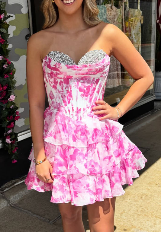 Strapless Floral Corset Ruffle Mini Dress