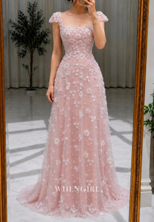 Square Neck 3D Flower A-Line Formal Dress