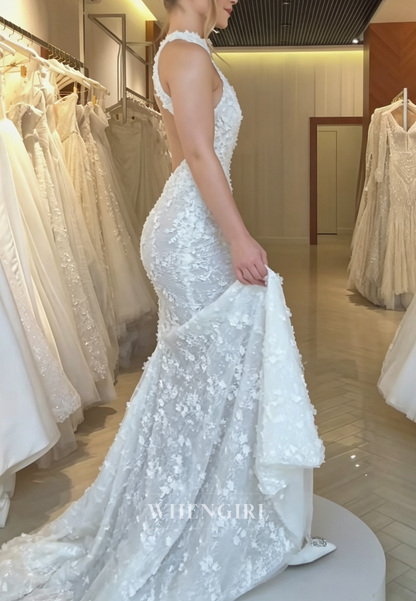 Halter 3D Floral Lace Mermaid Wedding Dress