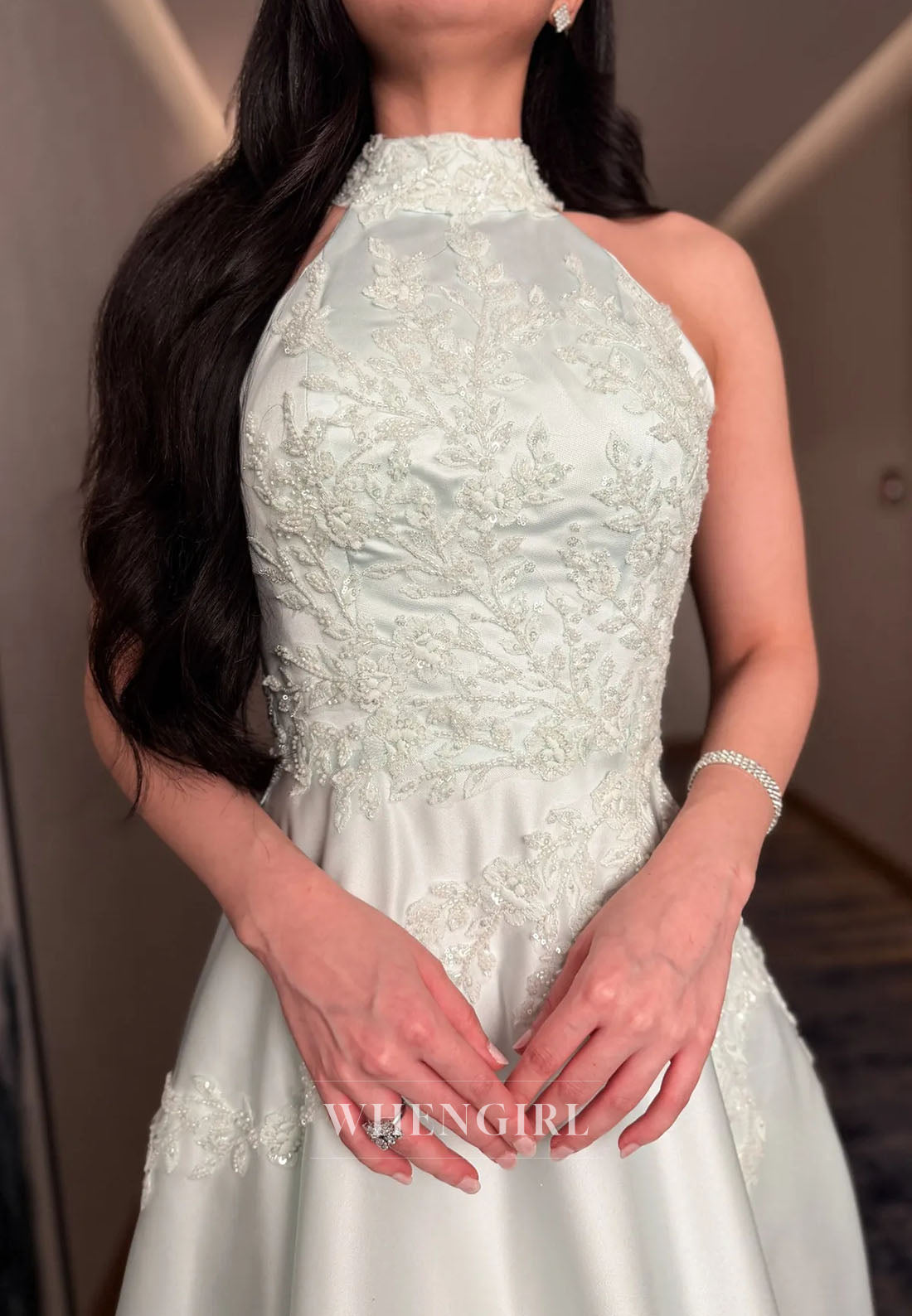 Halter Lace Applique A-Line Evening Gown