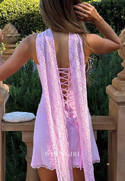 Corset Mini Dress with Lace Trim and Scarf