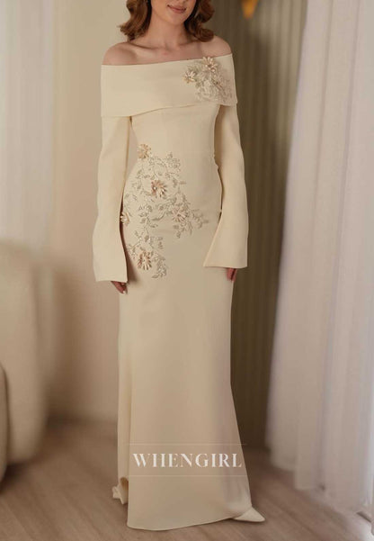 Off-the-Shoulder 3D Floral Long Sleeve Gown