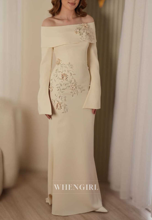 Off-the-Shoulder 3D Floral Long Sleeve Gown