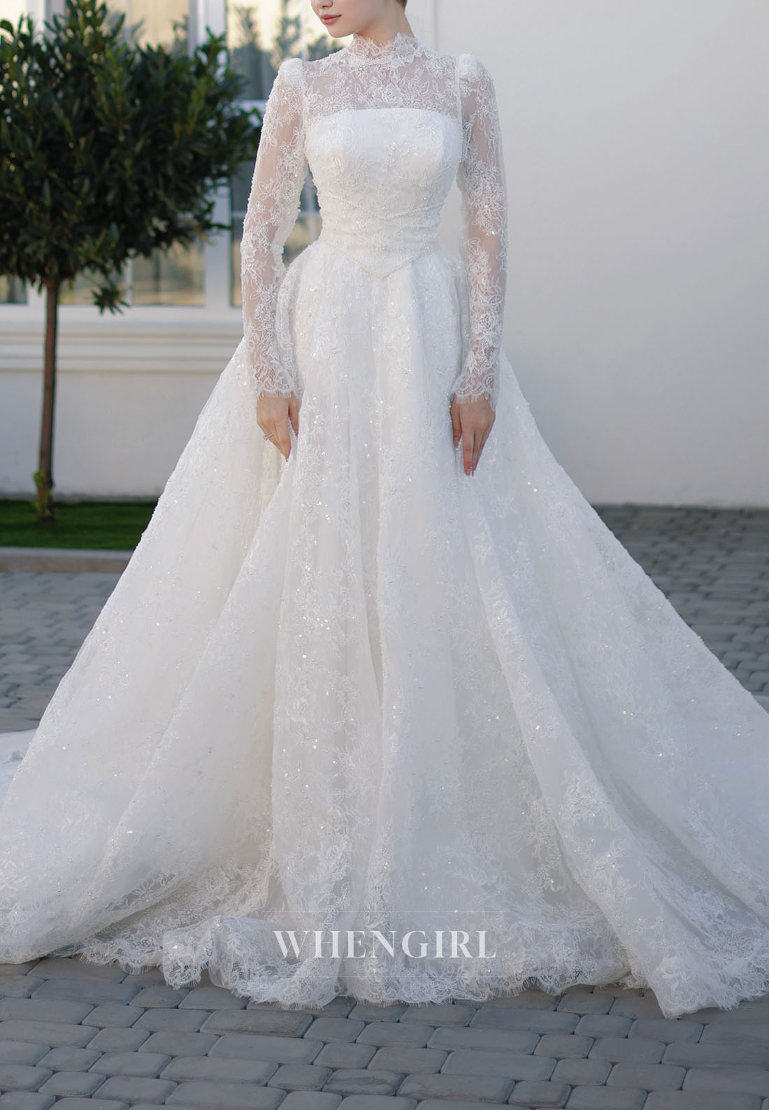 High Neck Lace Long Sleeve Ball Gown Wedding Dress