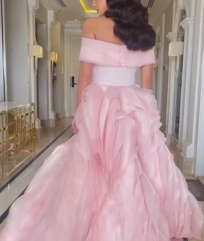 Off-the-Shoulder Evening Gown with Cascading Train
