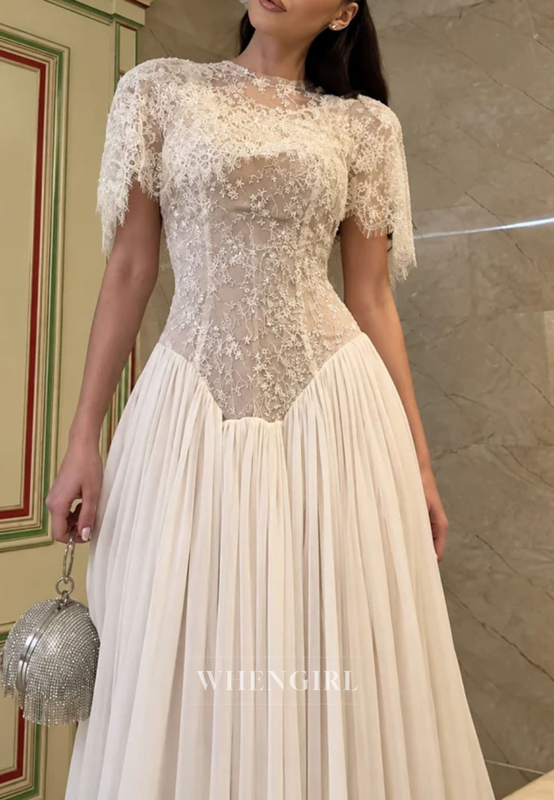 Lace Capelet Gown with Pleated Chiffon Skirt