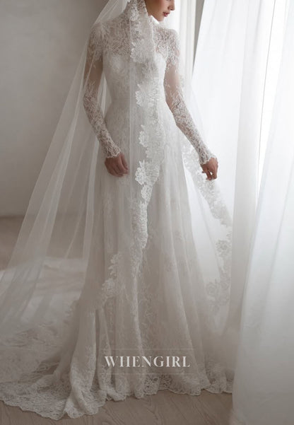 High Neck Lace Long Sleeve Wedding Dress