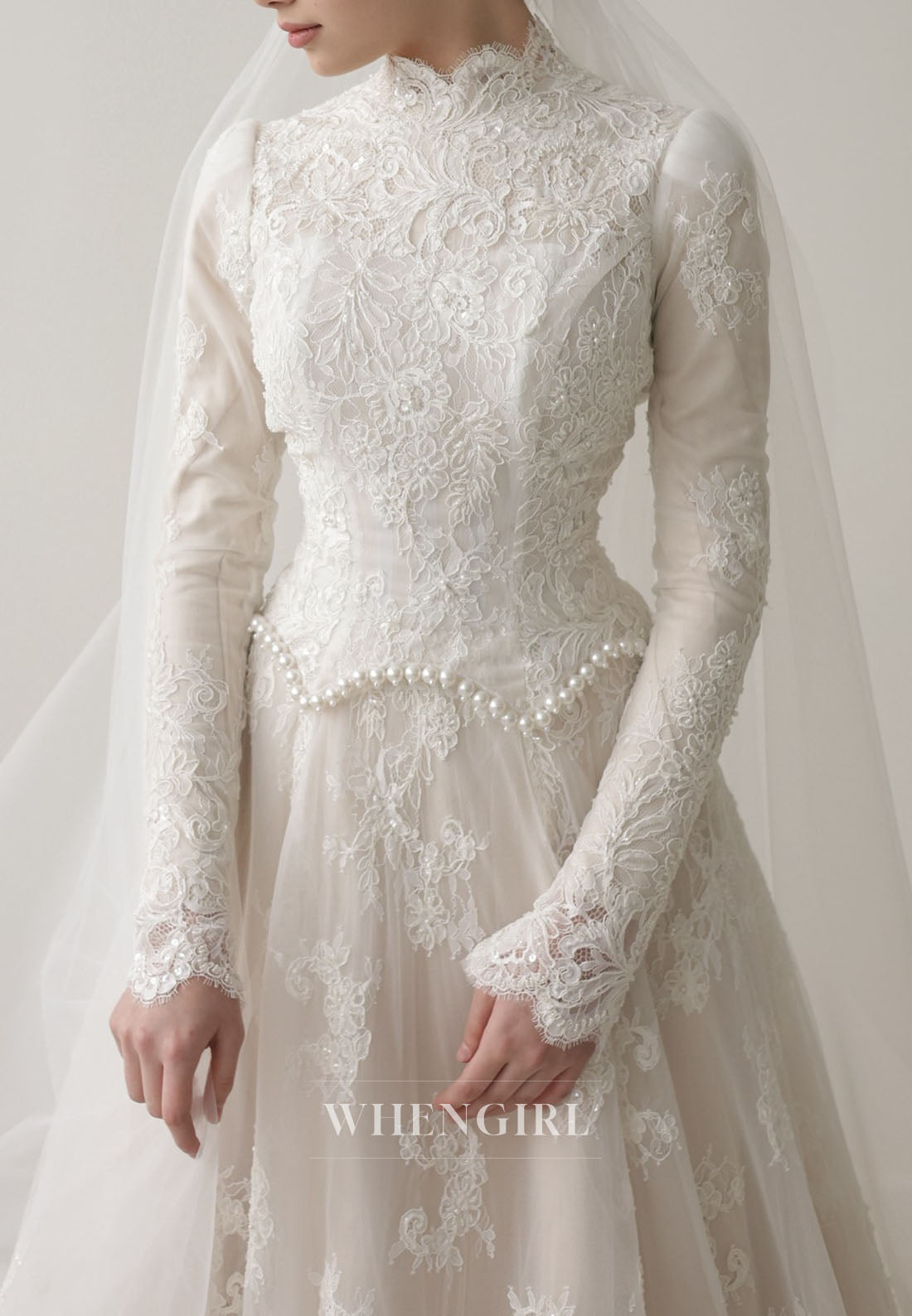High Neck Lace Wedding Dress with Long Sleeves