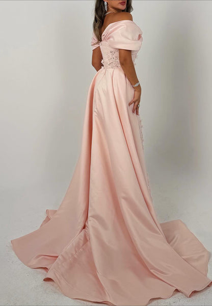 Off-the-Shoulder Floral Evening Gown with Overskirt