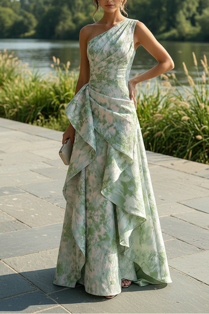 One-Shoulder Jacquard Evening Gown