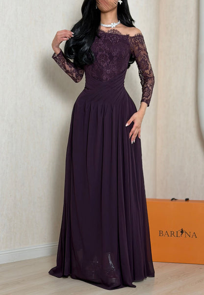 Lace Off-the-Shoulder Pleated Evening Gown