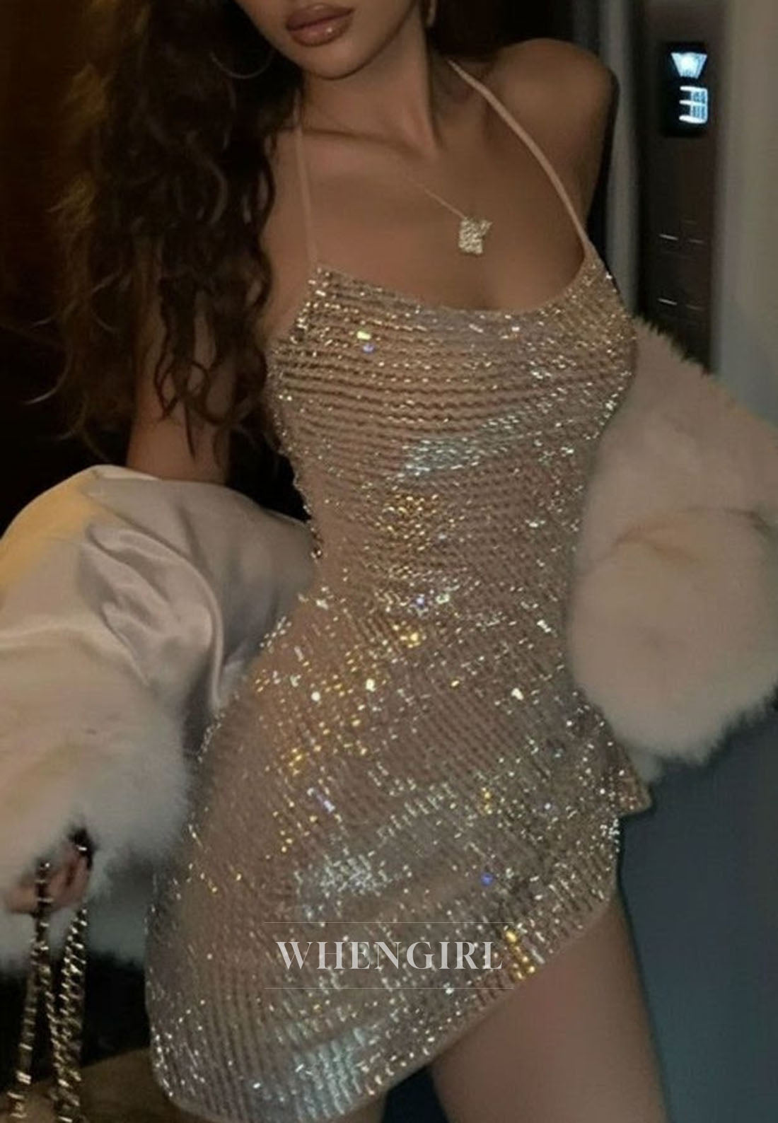 Rhinestone Embellished Spaghetti Strap Mini Dress